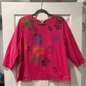 Women’s Long Sleeve Floral Tee - Pink and Multicolor with gem adornments
